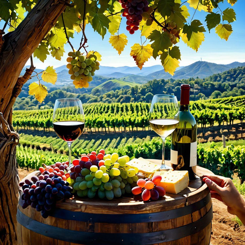 A lively outdoor vineyard scene in Atlanta, showcasing lush grapevines under the sun with clusters of ripe grapes hanging. Incorporate a diverse group of friends clinking glasses of red and white wine, surrounded by hills and a clear blue sky. Include a rustic wooden wine barrel and scattered cheese plates to add to the ambiance. super-realistic. vibrant colors. sunny atmosphere.
