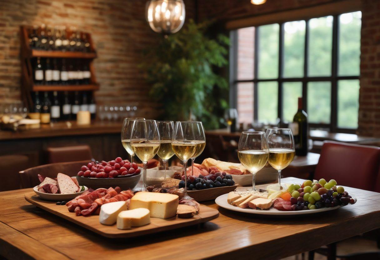 A beautifully arranged table set in a cozy Atlanta wine bar, showcasing an assortment of wine glasses filled with rich red and crisp white wines. Surrounding the glasses are delectable gourmet dishes including cheese platters, charcuterie, and fresh fruits, all on a rustic wooden table. With twinkling dim lights and a backdrop of lush grapevines in soft focus, capture the inviting atmosphere of a wine tasting experience. super-realistic. vibrant colors. cozy ambiance.