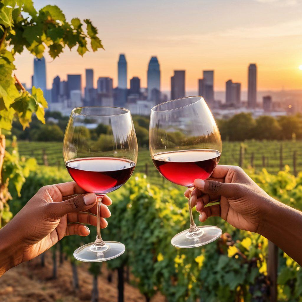 A scenic view of a vineyard in Atlanta during sunset, with wine glasses clinking in the foreground. Include a lively gathering of diverse people enjoying a toast, surrounded by colorful grapevines and a backdrop of the Atlanta skyline. Soft, warm light enhances the festive atmosphere of wine tours and events. super-realistic. vibrant colors. warm tones.